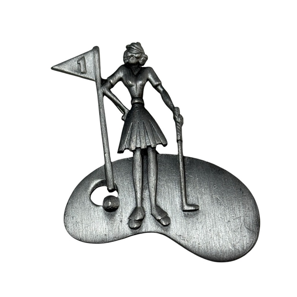 Vintage Golf Brooch Pin Signed AJC Silver Tone Lady Golfer 2” Tall Hole In One 1